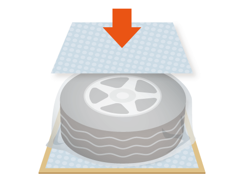 ホイールの上に気泡緩衝材をのせる