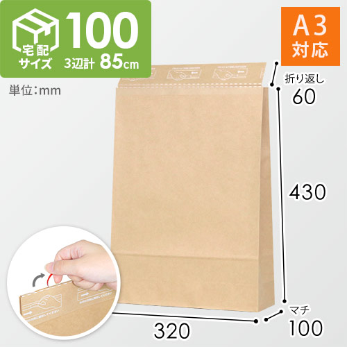 宅配袋 幅320×高さ430×マチ100mm（茶・ 開封テープ付き）