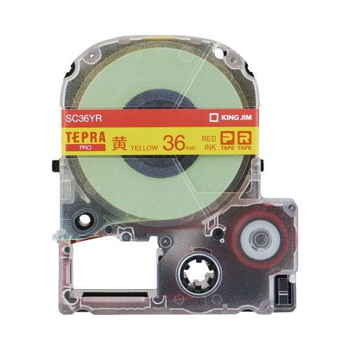テプラ　ＰＲＯテープ　パステル黄ラベル３６ｍｍ赤字
