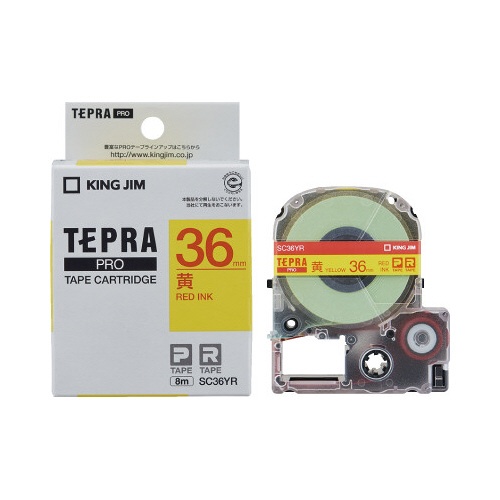 テプラ　ＰＲＯテープ　パステル黄ラベル３６ｍｍ赤字