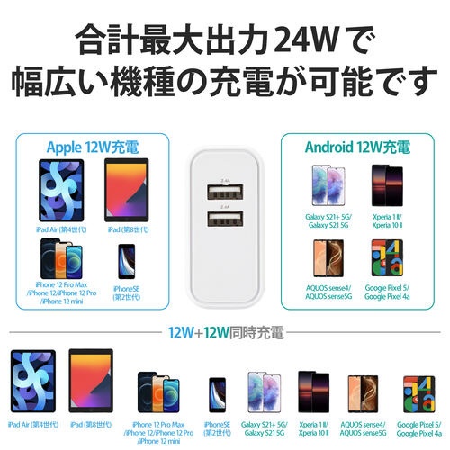 ＵＳＢ充電器　４．８Ａ出力　Ａ×２　ホワイト