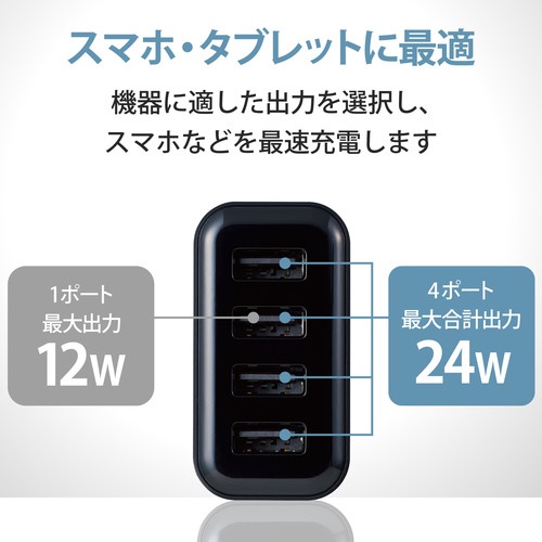 ＡＣ充電器　４．８Ａ　ＵＳＢ　４ポート　ブラック