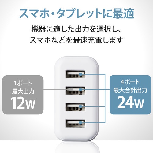 ＡＣ充電器　４．８Ａ　ＵＳＢ　４ポート　ホワイト顔