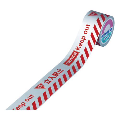 【廃番商品】標識テープ80mm×50m　銀/赤　【緑十字 バリケードテープα（標識テープ） 注意立入禁止 ＢＴ−８０Ｄ ８
