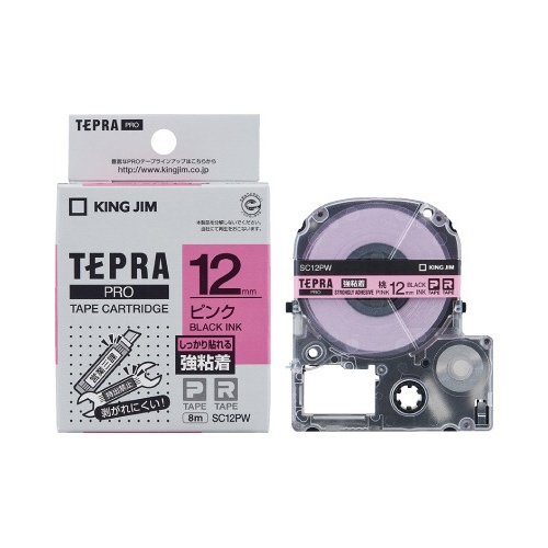 テプラ　ＰＲＯテープ　強粘着桃ラベル１２ｍｍ黒文字