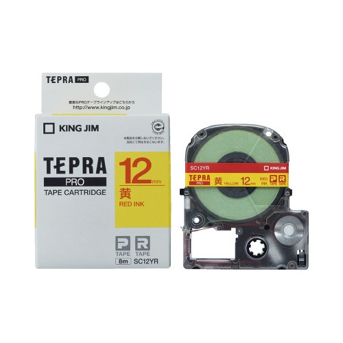 テプラ　ＰＲＯテープ　パステル黄ラベル１２ｍｍ赤字