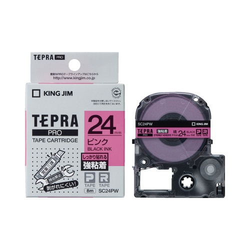 テプラ　ＰＲＯテープ　強粘着桃ラベル２４ｍｍ黒文字