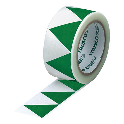 【廃番商品】標識テープ50mm×25m　緑/白　【ＴＲＵＳＣＯ ギザギザクロステープ ５０ｍｍ×２５ｍ 白緑】