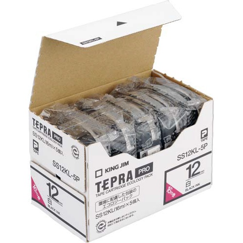 テプラ　ＰＲＯテープ　ロング白色　１２ｍｍ黒字×５