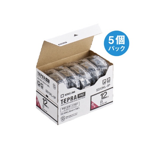 テプラ　ＰＲＯテープ　ロング白色　１２ｍｍ黒字×５