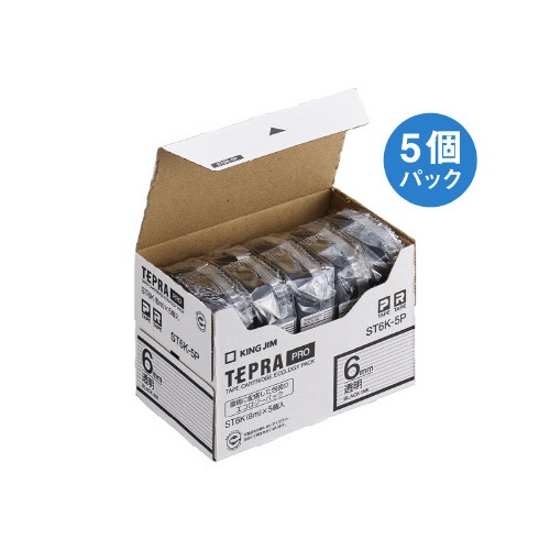 テプラ　ＰＲＯテープ　エコ　透明６ｍｍ　黒文字×５