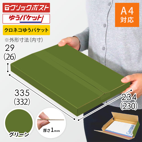 【グリーン色】厚さ3cm・ヤッコ型ケース（A4サイズ・クリックポスト・ゆうパケット）