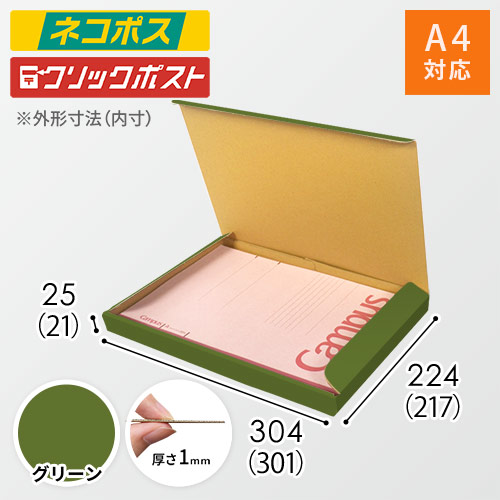 【グリーン色】厚さ2.5cm・N式ケース（A4サイズ・クロネコゆうパケット・クリックポスト）