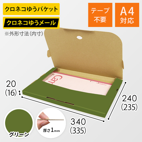 【グリーン色】厚さ2cm・テープレスケース（A4サイズ・クロネコDM便最大・ゆうパケット）