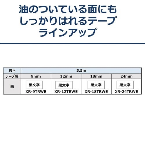 ネームランド　油面に貼れる白テープ１２ｍｍ黒文字