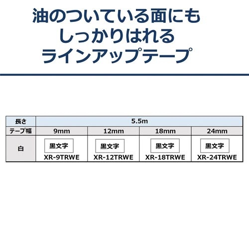 ネームランド　油面に貼れる白テープ１８ｍｍ黒文字