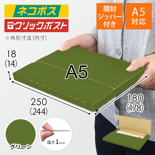 【グリーン色】厚さ2cm・テープレスケース（A5サイズ・ネコポス・クリックポスト）