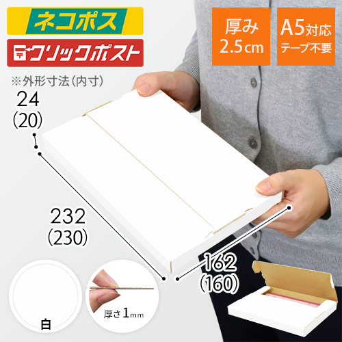 【ネコポス・クリックポスト】厚さ2.5cm・テープレスケース（白・A5サイズ）