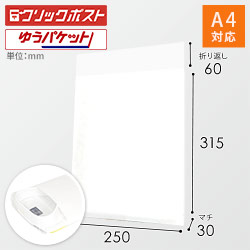 宅配袋 ワンポイント印刷 白 外寸幅250×マチ30×高さ315+口折60mm　※底マチなし