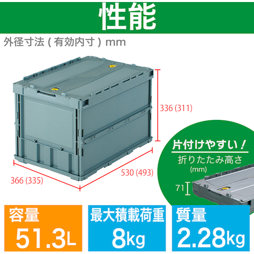ＴＲＵＳＣＯ オリコン 薄型折りたたみコンテナ 50L ロックフタ付 グレー グレー TRC50B