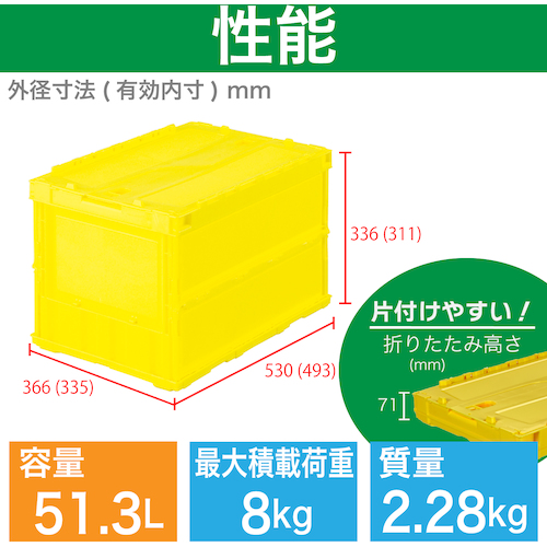 ＴＲＵＳＣＯ オリコン 薄型折りたたみコンテナ 50L ロックフタ付 イエロー 黄 TRC50B