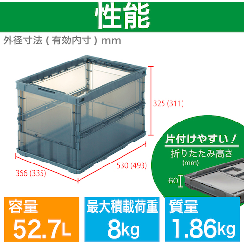 ＴＲＵＳＣＯ オリコン 薄型折りたたみコンテナ スケルコン 50L 透明ブラック 黒 TSKO50B