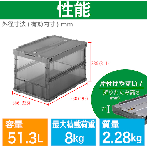 ＴＲＵＳＣＯ オリコン 薄型折りたたみコンテナ スケルコン 50L ロックフタ付 透明ブラック 黒 TSKC50B