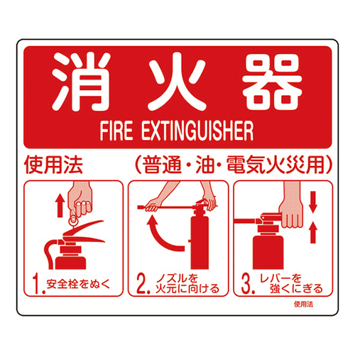 緑十字 消防標識 消火器使用法 使用法1 壁面取付タイプ 塩ビ 215×250mm 066011