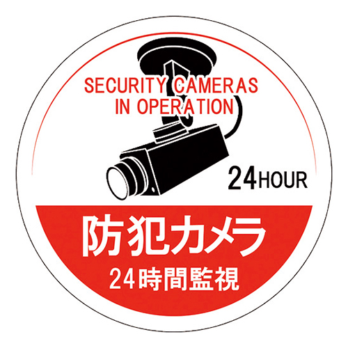 緑十字 イラストステッカー標識 防犯カメラ・24時間監視 塩ビ 100×100mm（5枚組） 047126
