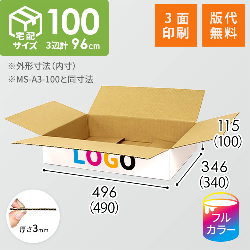 【印刷サンプル】【ロゴ印刷・フルカラー・3面】宅配100サイズ ダンボール箱（白・薄型・洋服用）