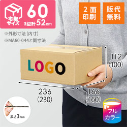 【ロゴ印刷・フルカラー・2面】宅配60サイズ 食品・飲料・酒類向けダンボール箱（230×160×100mm）3mm B/F C120×C120
