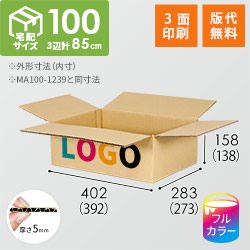 【ロゴ印刷・フルカラー・3面】宅配100サイズ 小箱ぴったり梱包用ダンボール箱［WBOX-02・4箱］（392×273×138mm）5mm A/F C120×C120