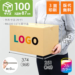 【ロゴ印刷・フルカラー・3面】宅配100サイズ 衣類、服飾雑貨向けダンボール箱（368×245×230mm）3mm B/F C120×C120