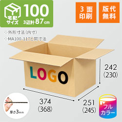 【ロゴ印刷・フルカラー・3面】宅配100サイズ 衣類、服飾雑貨向けダンボール箱（368×245×230mm）3mm B/F C120×C120