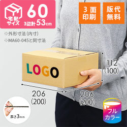【ロゴ印刷・フルカラー・3面】宅配60サイズ 食品・飲料・酒類向けダンボール箱（200×200×100mm）3mm B/F C120×C120