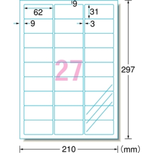 3M エーワン フィルムラベルシール［インクジェット用］ 超耐水 A4 27面 31×62mm （3枚入） 30627